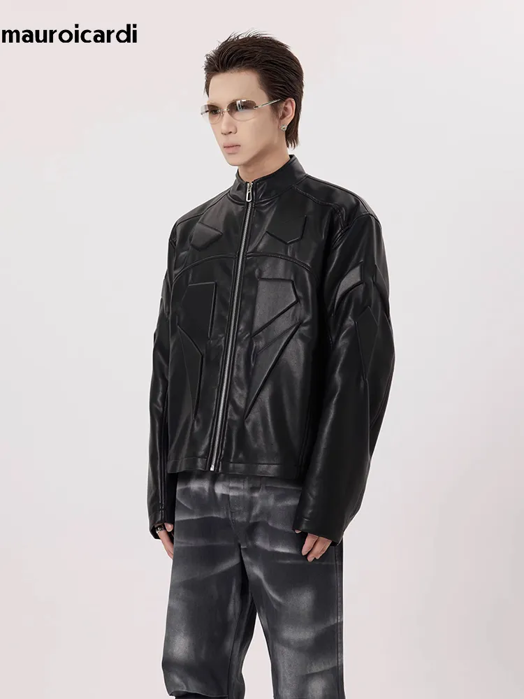 Men's Jackets Mauroicardi Autumn Cool Handsome Short Black Three-dimensional Pu Leather Jacket Men Stand Collar Zip Up Luxury Designer Clothes 230810