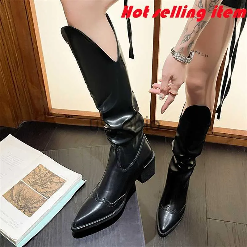 Laarzen Europese en Amerikaanse Largesized High Pile Long Boots Herfst Nieuwe Western Denim Boots Fashion Boots Poated Toe Boots for Women J230811