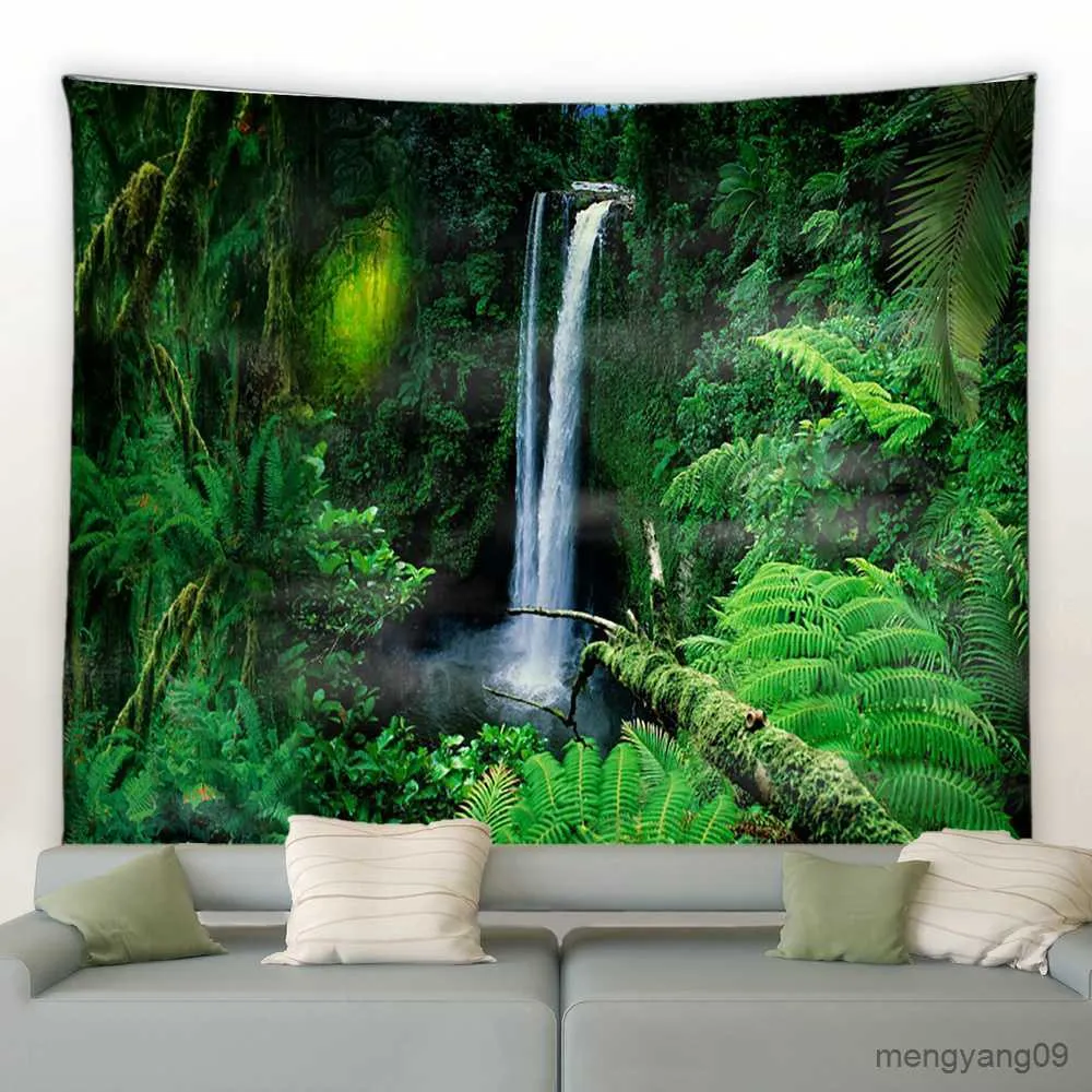 Tapestries Customizable Natural Forest Waterfall Landscape Tapestry Psychedelic Scene Mandala Home Art Hippie Bedroom Room R230811
