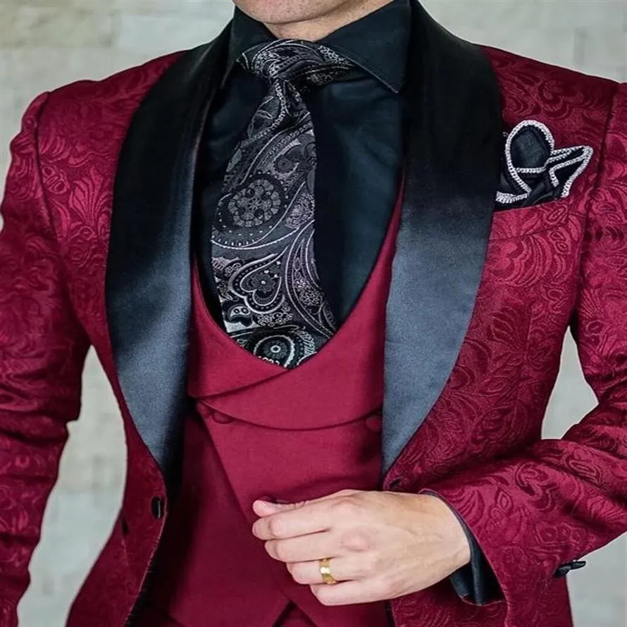 Style Groomsmen Burgundy and Black Groom Tuxedos Szal Lapel Men Suits Wedding Man Kurtka Kamizel