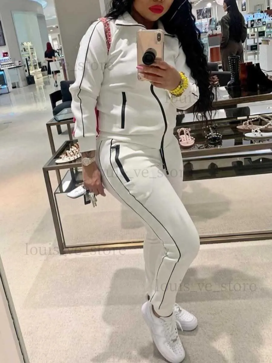 LW TurnDown Collar Striped Pants Set Two 2 Pieces Set for Women Fitness Outfit Sweatshirt + Jogger Pants Sporty Street Tracksuit T230811