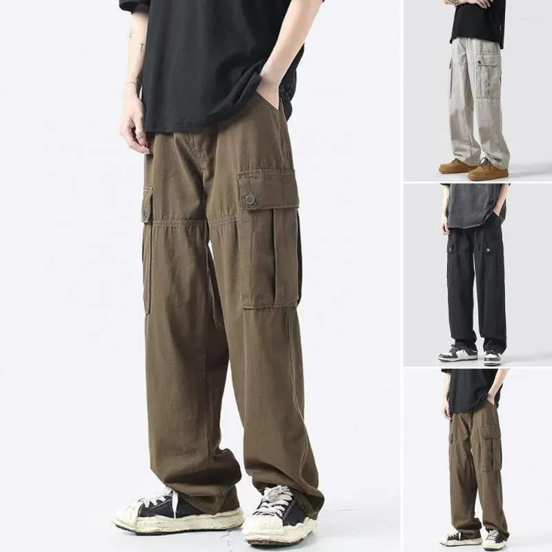 Herrbyxor män last stora fickor fast färg elastisk midja rak gata breda ben baggy jeans fotled längd y2k