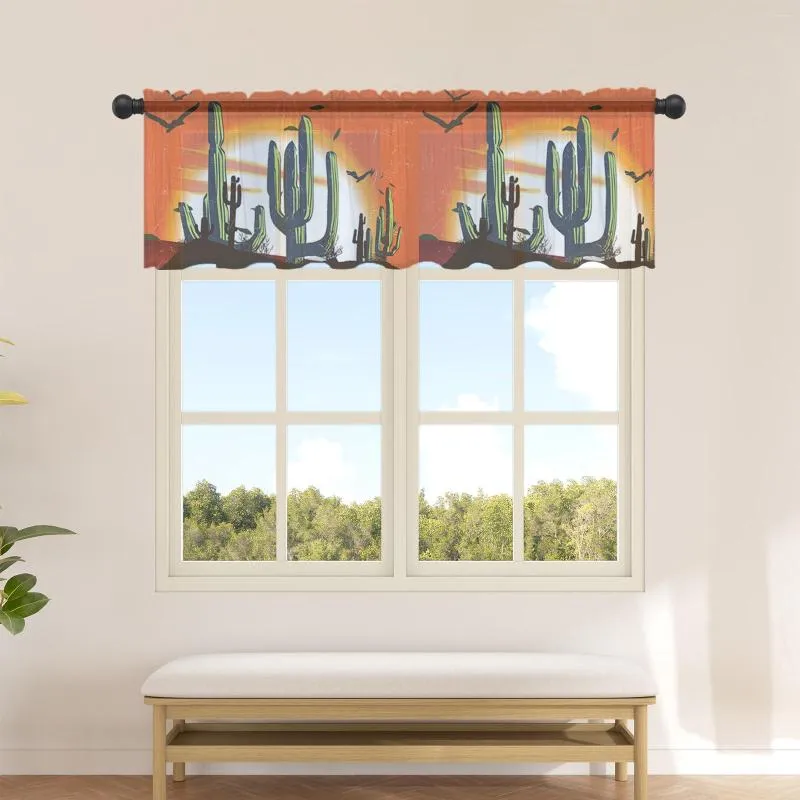 Curtain Cactus Desert Sunset Sheer Curtains For Kitchen Cafe Half Short Tulle Window Valance Home Decor
