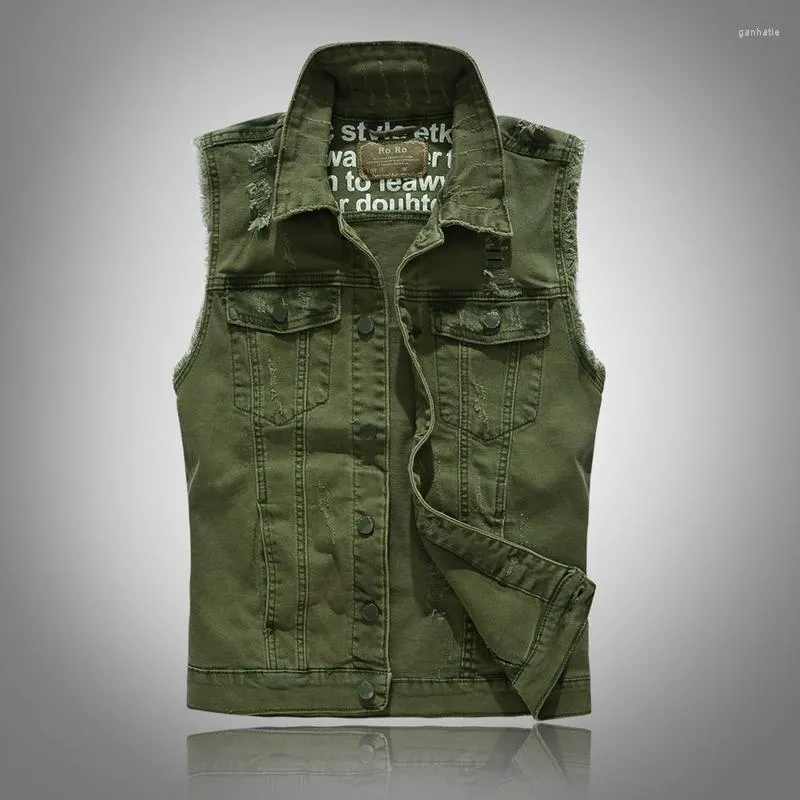 Men's Vests 2023 Slim Fit Cowboy Male Jacket Vest Ripped Denim Sleeveless Casual Waistcoat Mens Jean Coat Green