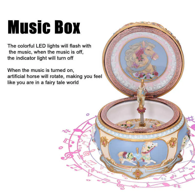 Obiekty dekoracyjne figurki Muzyka Rotacja koni muzyka LED LED LED LUMINY KAROUSEL Music Box Dekoracja Dekoracja Prezentacja Muzyka karuzelowa Cradle Music Box 230810