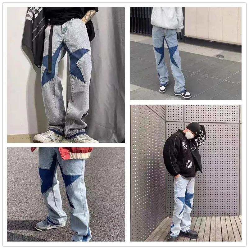 Herr jeans brett ben mode arbete rakt mitt stigande män jean fast färg hip hop jenim pants streetwear kvinnor 230810