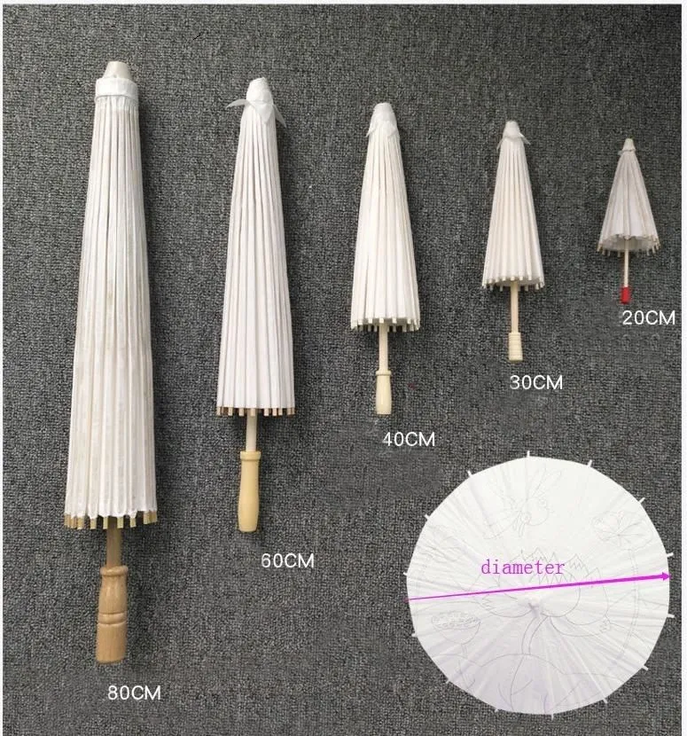 40 60cm Diameter China Japan Paper Umbrella Traditional Parasol Bamboo Frame Wooden Handle Wedding Parasols White Artificial Umbrellas