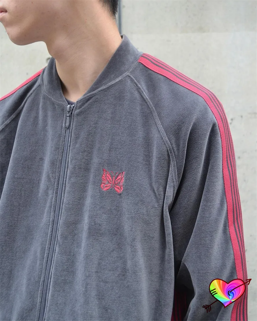 Gray Red Needles Track Zip Up Jackets With Velvet Embroidery Gray Red Needles Track Zip Up Jackets With Velvet Embroidery