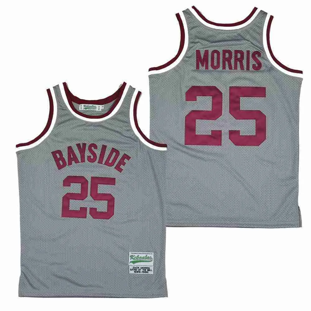 SL спасен Bell Zack Morris 25 Bayside Tigers Movie College Basketball Jersey Grey Size S-XXL