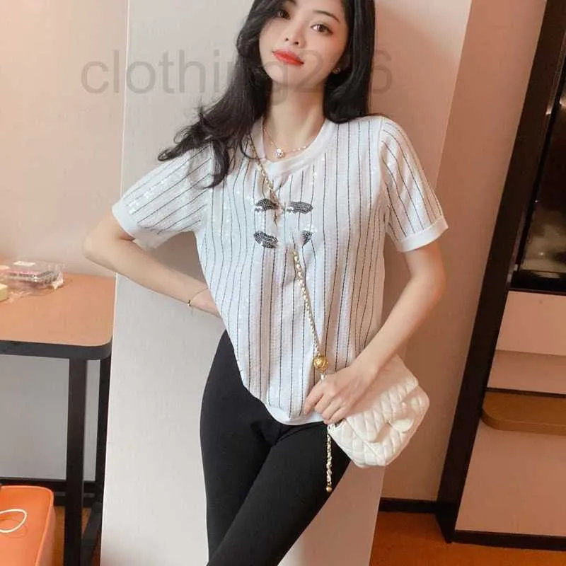 Women's T-Shirt Designer Premium Black and White Stripe Heavy Work Beads 23 Spring/Summer New Double C Embroidered Knitted Round Neck Slim Top PHJL