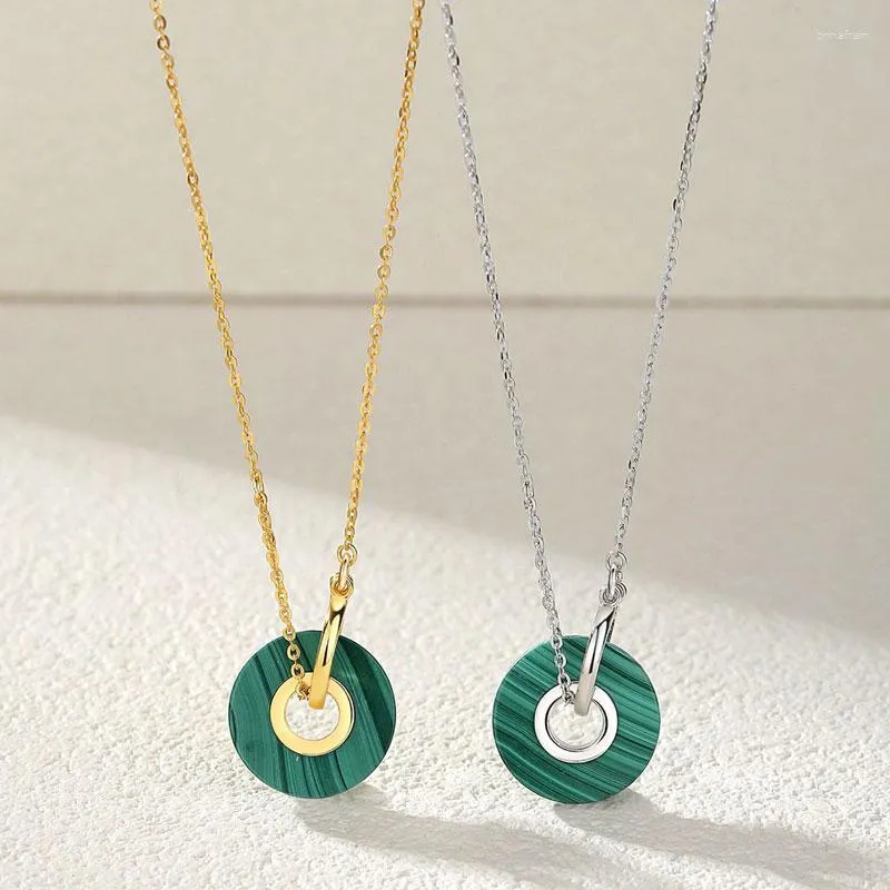 Chains Round Malachite Pendant Necklace Dainty Gold Plated Sterling Silver 925 Circle Wheel Disc Natural Gemstone Necklaces Jewelry