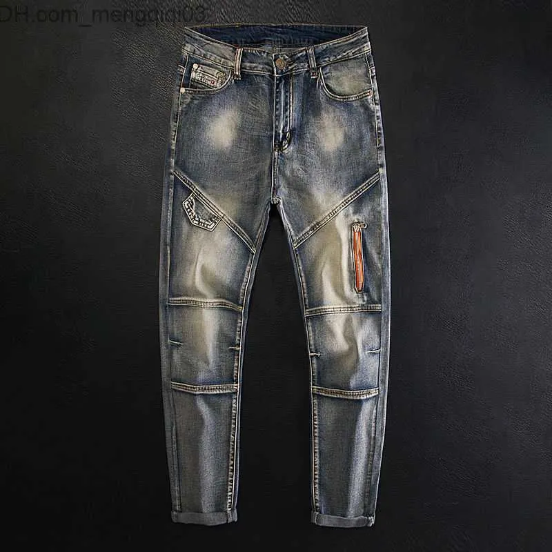 Jeans masculins 2023 printemps / été Nouvelle tendance de mode classique Retro Patch Work Calf Men's Men's Casual High Quality Stretch Jeans Z230814