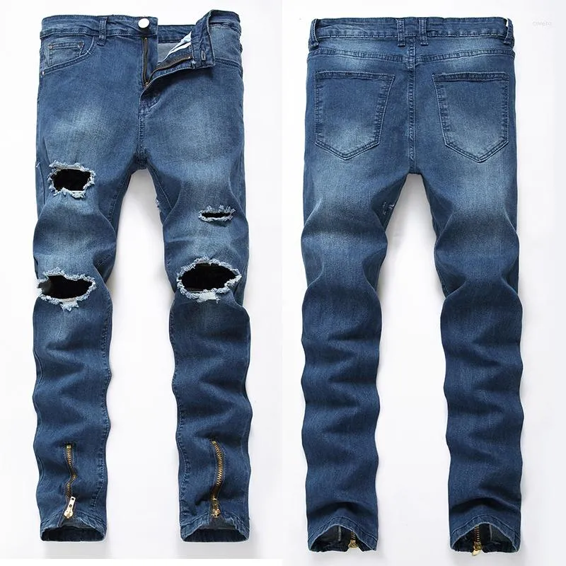 Мужские джинсы разорванные коленные отверстия лето разрушенная эластичная прямая джинсовая джинсовая джинсовая гастрона