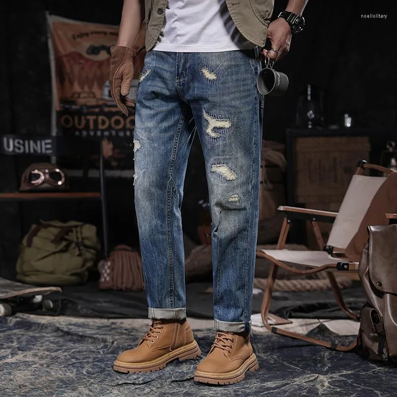 Herr jeans tungvikt modehål för män kläder selvedge tvättade nödställda denim byxor retro överdimensionerade byxor rullar upp avslappnad