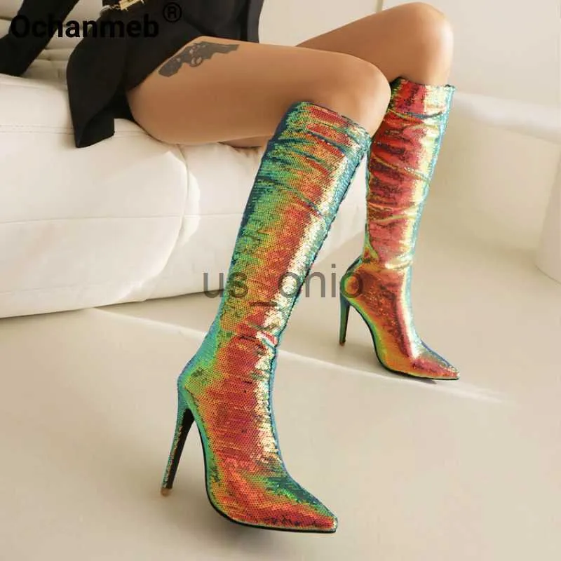 Botlar Ochanmeb Seksi Süper İnce Yüksek Topuk Kneehigh Botlar Seketli Bez Stiletto Ayakkabı Kadınlar Saçlı Ayak parıltısı Glitter Gold Bling Boot J230811