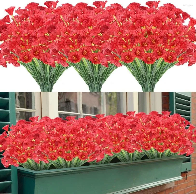 Kwiaty dekoracyjne sztuczne 12 pakietów Outdoor odporne na UV Fake Brak zanikania sztucznych plastikowych krzewów zieleni weranda (głębokie czerwone)