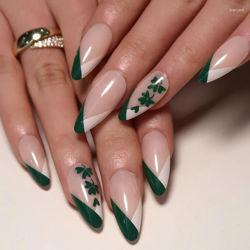 Falska naglar 3D Fake For St. Patrick's Day Simple Green Leaf Designs French Almond Tips Diy Manicure Supplies Press On Nail Kit