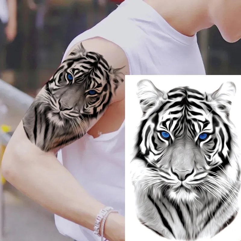 2 feuilles imperméables à l'eau Grands tatouages temporaires pour hommes,  femmes, adultes, réalistes Body Art Tattoo Stickers Tiger Fake Tattoos qui  ont l'air réels et longs Lasti