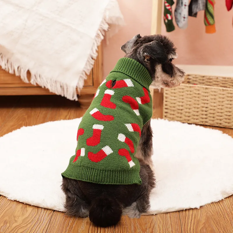 Hundkläder valpstickande år hund turtleneck vinterkläder pullover gröna tröjor ful stickad julkatttröja för små hundar 230810