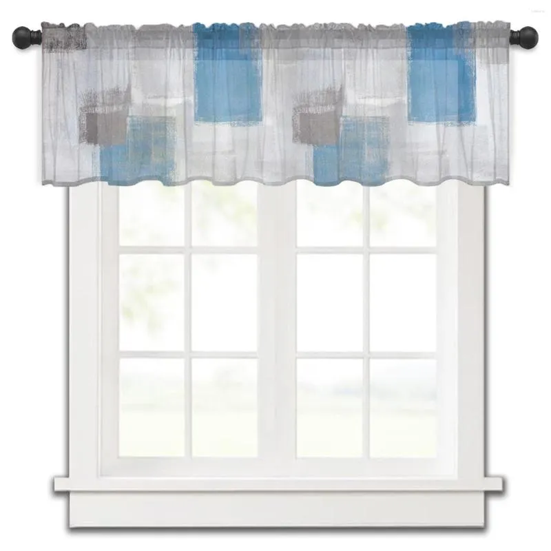 Curtain Blue Paint Square Graffiti Kitchen Small Window Tulle Sheer Short Bedroom Living Room Home Decor Voile Drapes