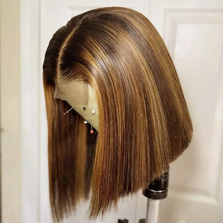 Human Chignons Brasilianer 4x4 Spitze Clre Highlight gefärbtes Haar S brauner Bob gerade Remy 180 Dichte zum Verkauf 230811