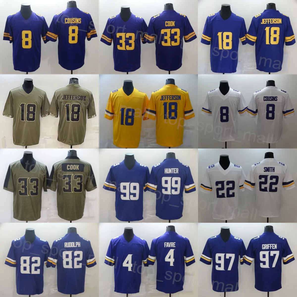 MENS FOOTBALL 18 Justin Jefferson Jersey 8 Kirk Cousins ​​22 Harrison Smith 33 Dalvin Cook 97 Everson Griffen 99 Danielle Hunter 4 Brett Favre Color Rush Purple White