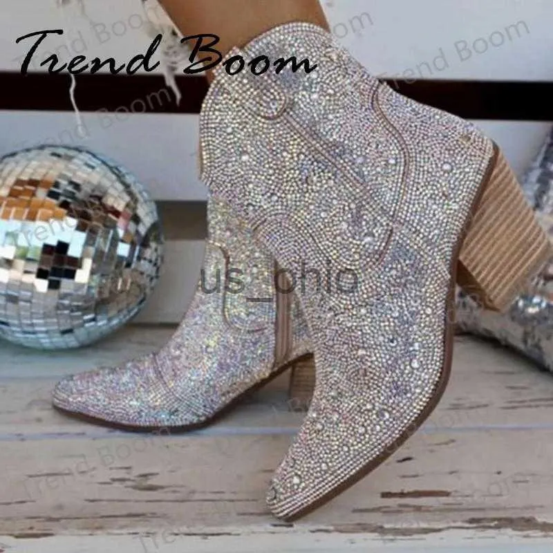 Boots Rhinestone Western Cowgirl Boots Femmes pointues Toe Toe High High Heel Boots Fashion Tous correspondent à des bottines brillantes Mujer J230811