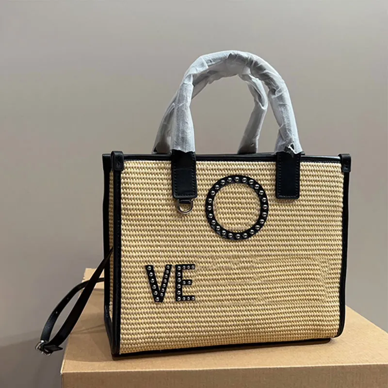 Handbags Purse Straw Woven Tote Bag Leather Handle Strap Rivet Fashion Letters Women Crossbody Shoulder Bags Large Capacity Pockets 30cm