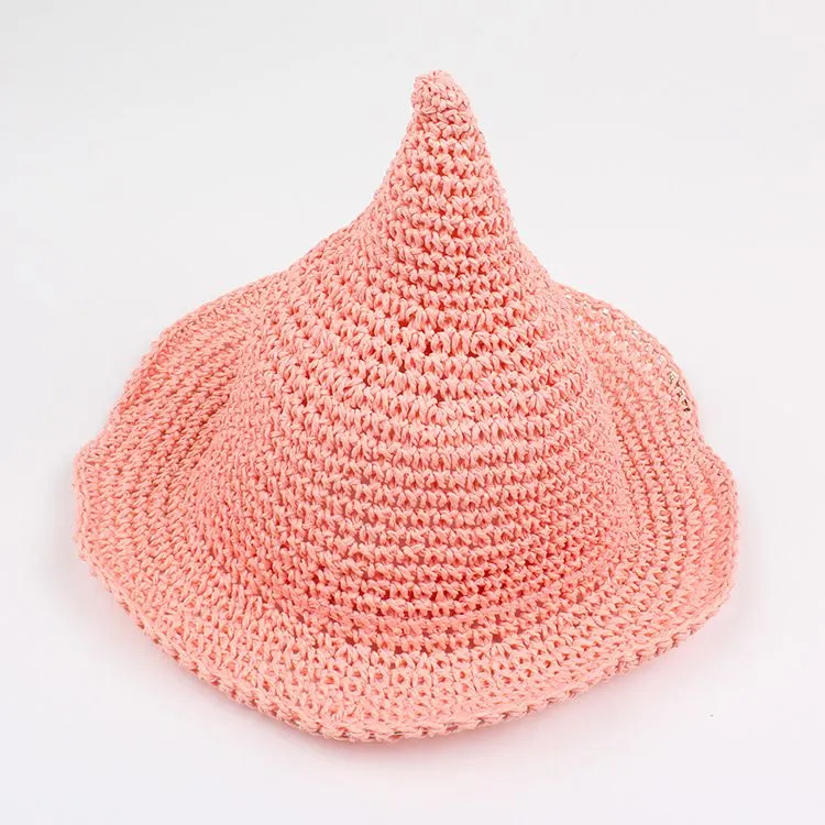 Girls Straw Hat Children Sun Hat Spring Baby Beach Caps Hand-woven Witch Spiky Hat 