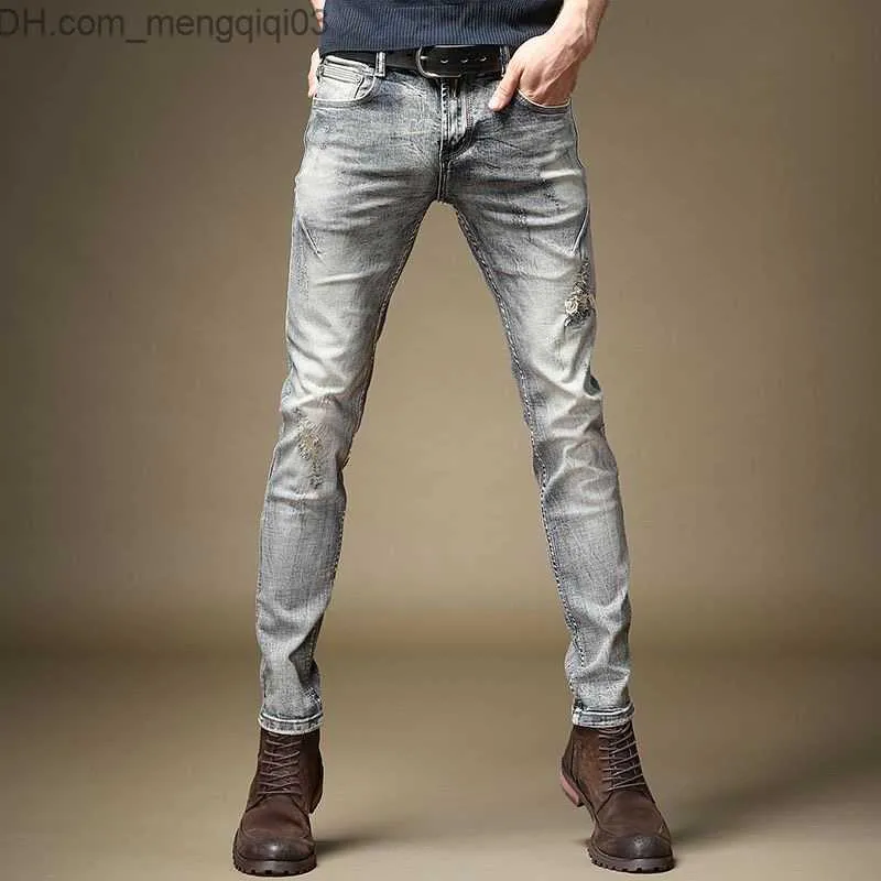 Mäns jeans 2023 Spring/Summer New Fashion Trends Vintage Tear Elastic Calf Men's Casual Ultra Thin Breattable High Quality Jeans 28-36 Z230814