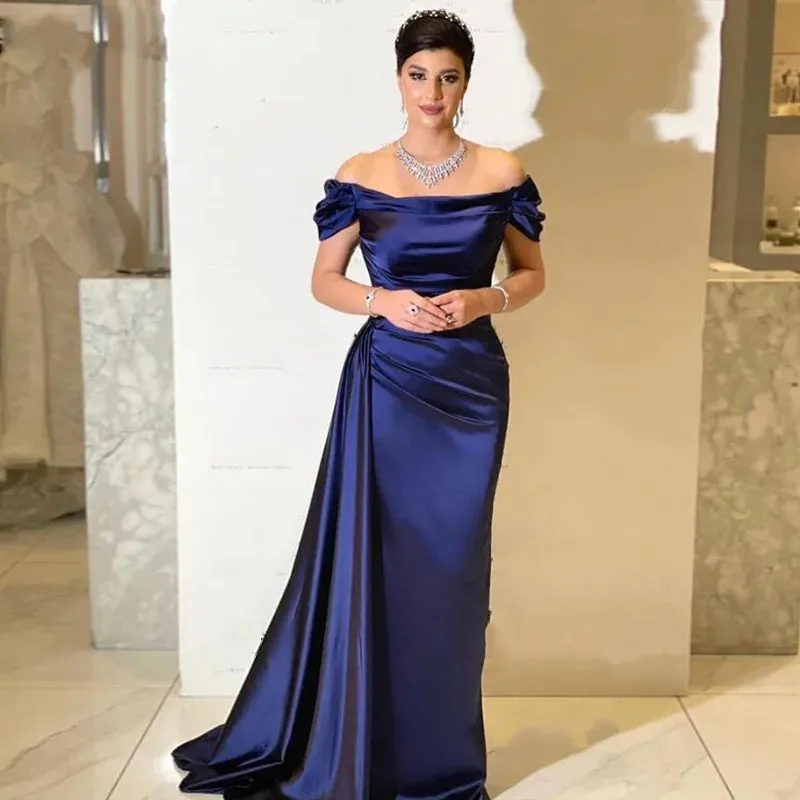 Save Big on Bulk Navy Blue Off Shoulder Gowns Navy Prom Dresses Elegant  Boat Neck Navy Blue Gown With Train, Short Sleeve Satin Evening Dress For 