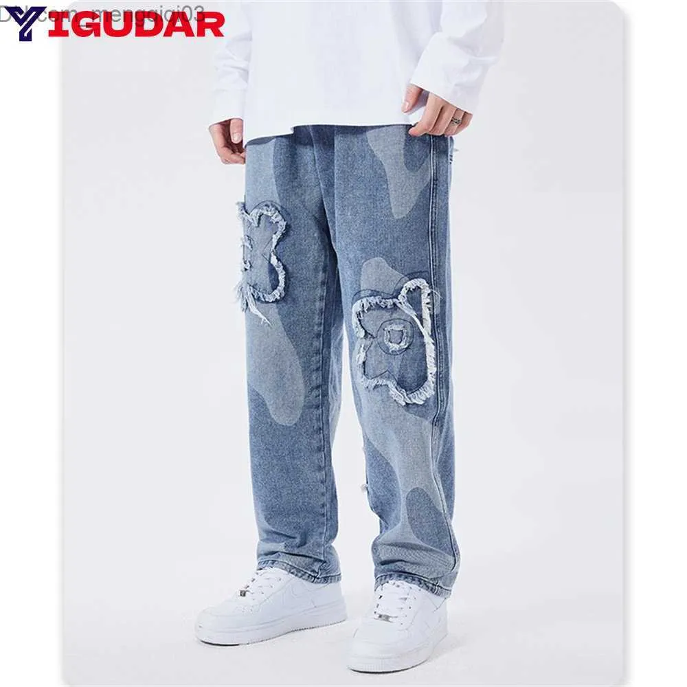 Men's Jeans Y2K Men's Jeans European and American Street Bike Denim Cross Embroidered Hip Hop Straight Loose Leg Pants Z230814