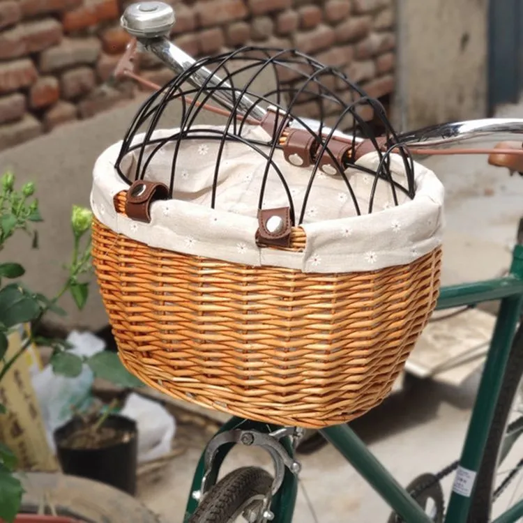 Panniers Bags Bicycle Front Handlebar Basket Handwoven Wicker Pet Cat Dog with Cover Storage Container for MTB Road 230811