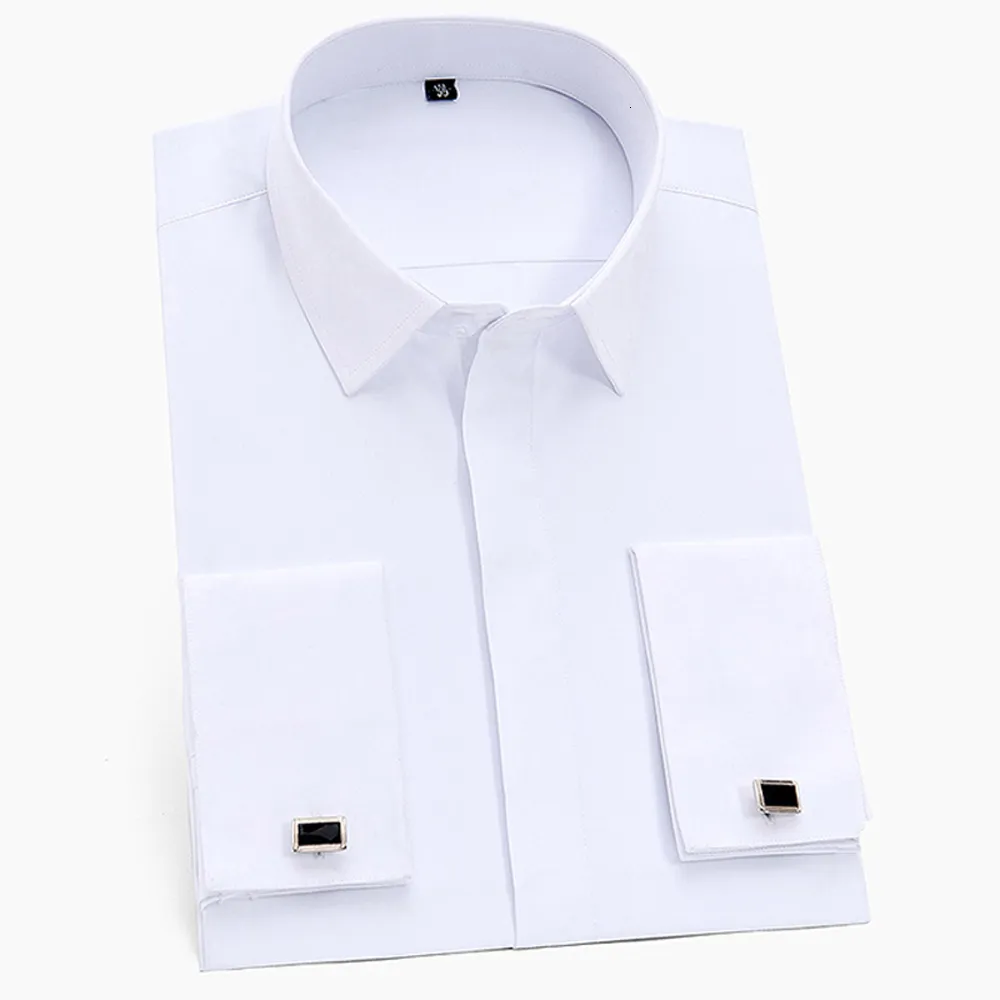 Men's Dress Shirts Men's Classic French Cuffs Solid Dress Shirt Covered Placket Formal Business Standard-fit Long Sleeve Office Work White Shirts 230811