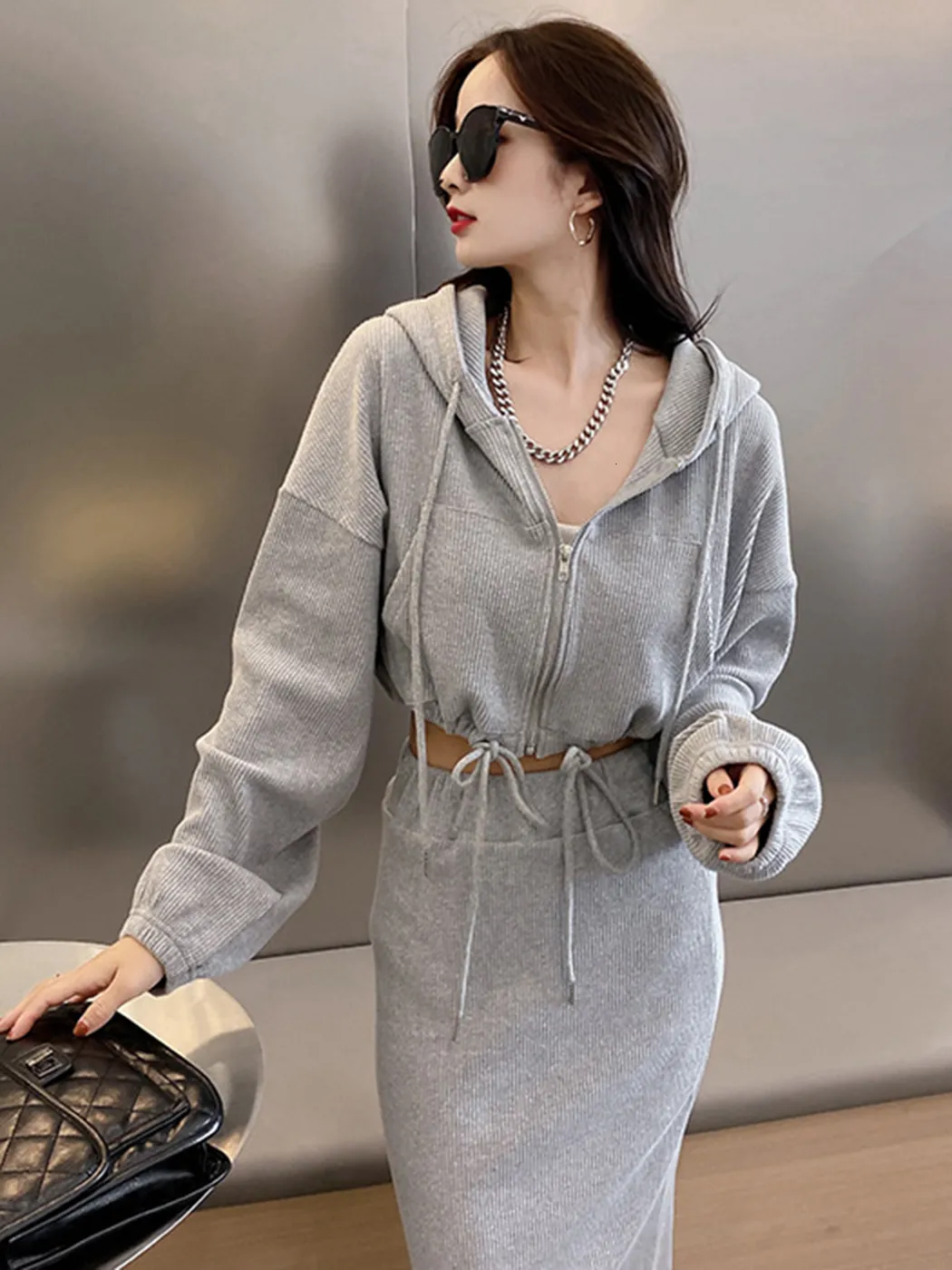 Two Piece Dress Women Skirts Suit Sports Casual Tracksuit Korean Fashion Zip Up Hoodie and Long Slit Solid Sets Sweatshirt Set 230810