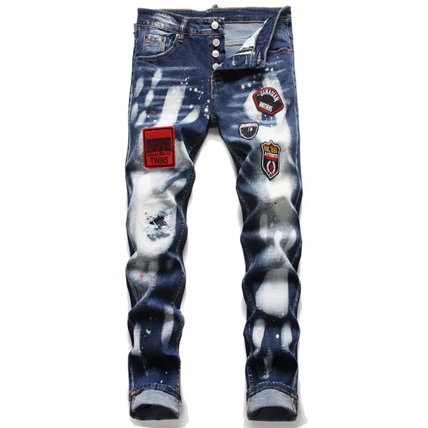 Men Slim Fit Straight Leg Badge Stretchy Ripped Badge Skinny Men's Denim Pantal