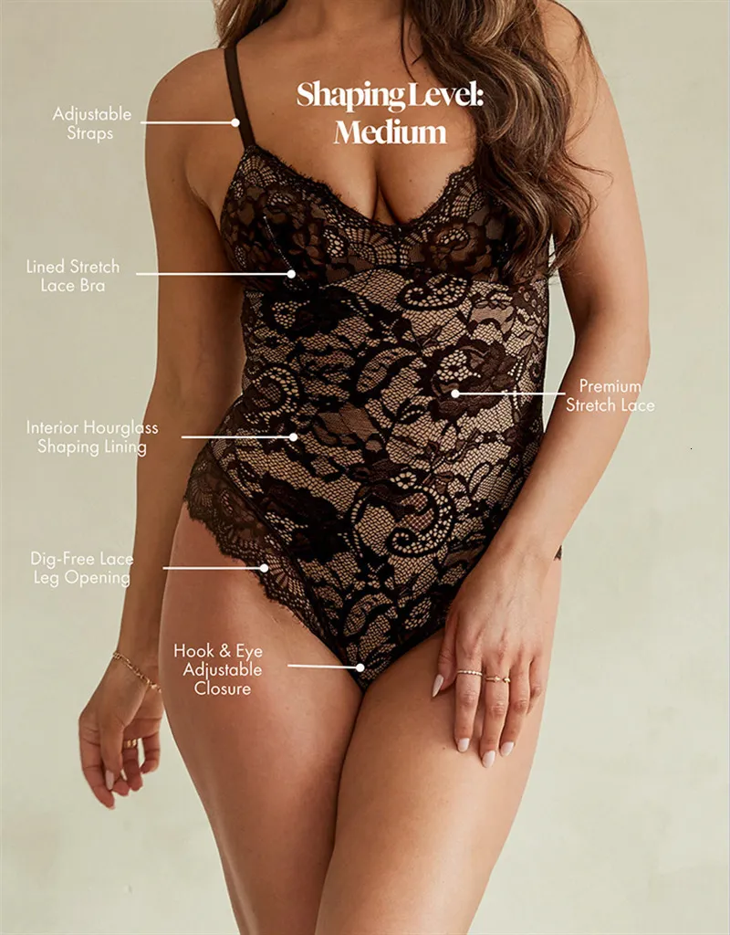 GUUDIA Sexy Lace V Neck Shapewear With Two Layers, Open Crotch