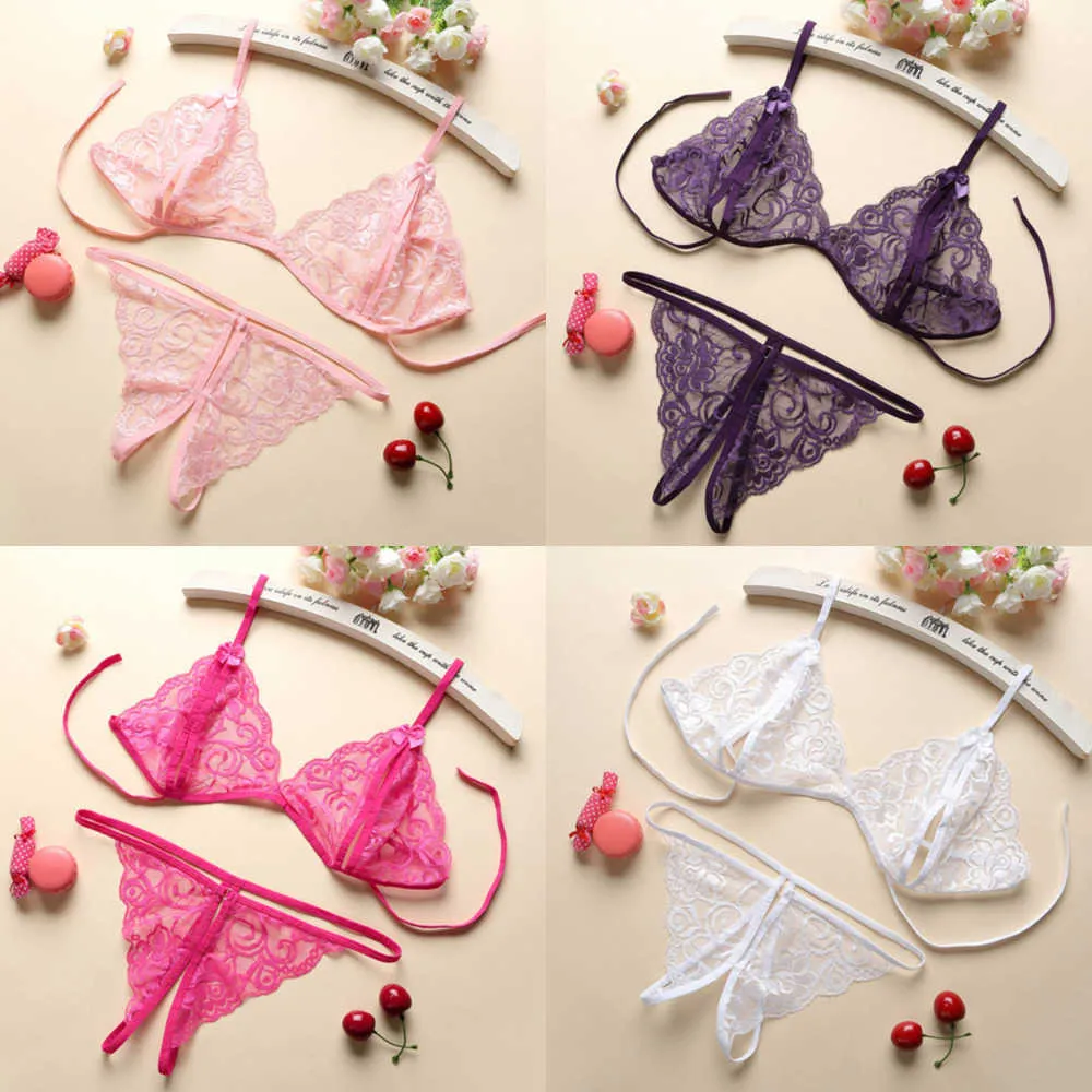 NXY Sexy Lace Lingerie Set Women Hot Exotic Naked Crotchless Transparent Underwear G-string Bandage Bikini See Through Open Bra Sets 230717