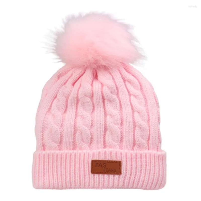 Berets Kids Warm Lined Pom Hats Winter Cable Twisted Knitted Beanies For Children 2 To 6 Years Pink Grey White Yellow Red Black
