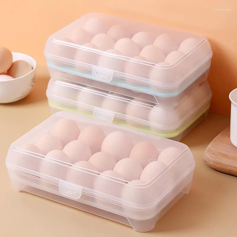 Storage Bottles Egg Box 15 Grid Stackable Container Portable Plastic Tray With Lid For Refrigerator Kitchen Gadgets