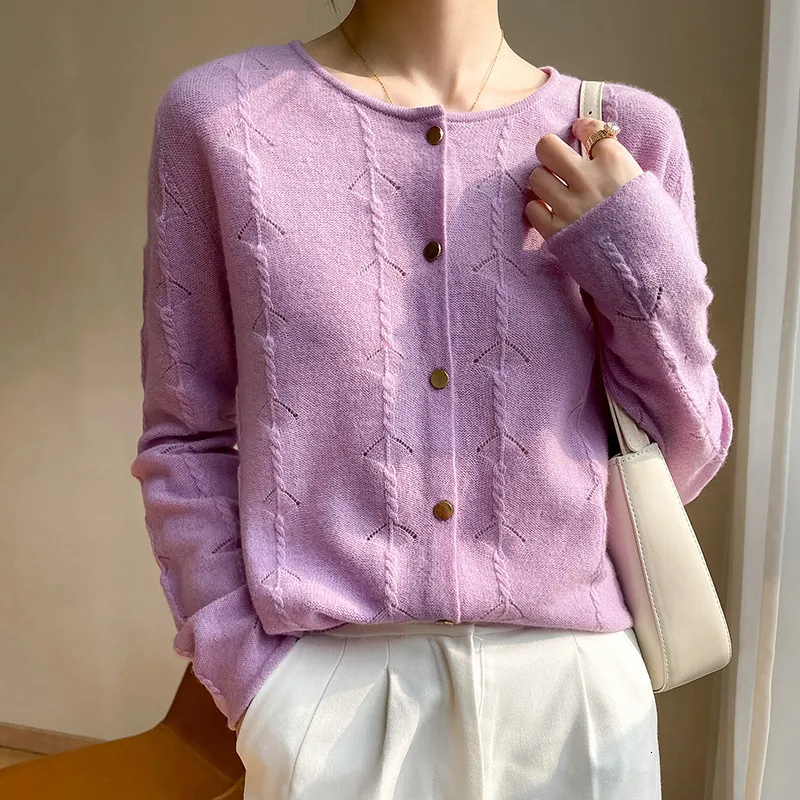 Women's Knits Tees 100 Wool Spring And Summer Fashion O Neck Hollowed Out Slim Pure Purple Orange Cardigan Sweater Coat Short Sunscreen 230810