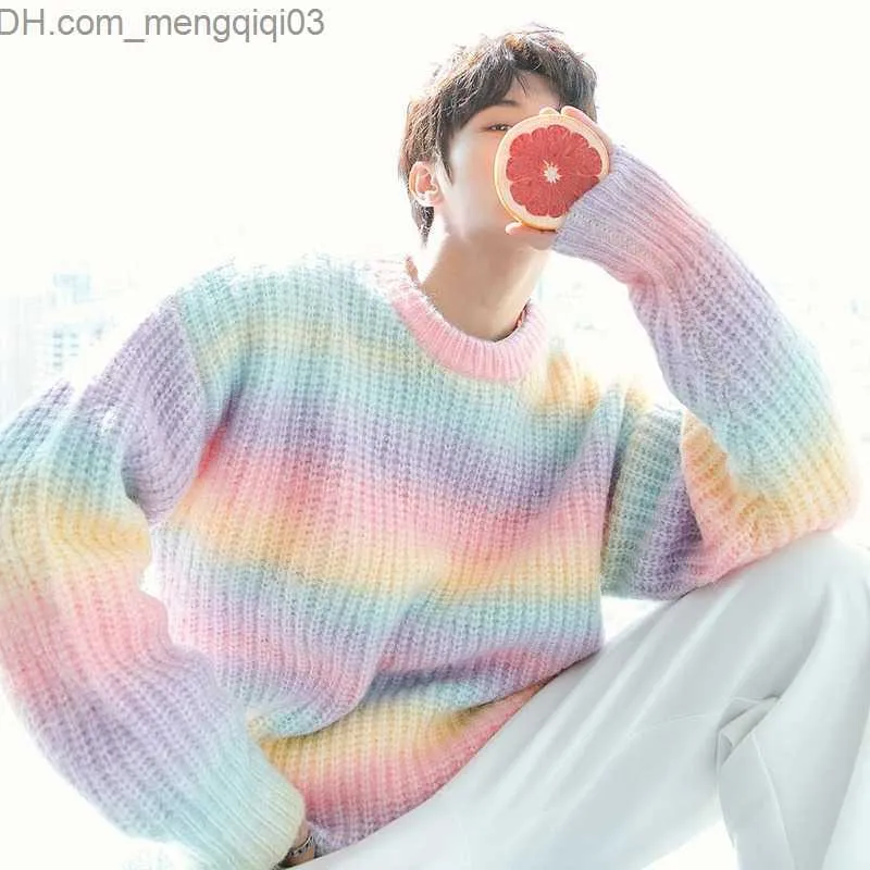 Maglioni maschili coreani di alta qualità allacciatura graduale allacciatura sciolta arcobaleno autunno maschile 2021 Nuovo maglione casual sciolto harajuku maglione Z230811