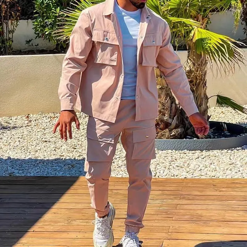 High Quality Blue Cargo Beige Pants Outfit Set For Men Spring Fall Tracksuit With Pocket Button Solid Color Jacket And Beige Pants Outfit Fashionable Suit From Yunhaoqiu 22.66 DHgate.Com