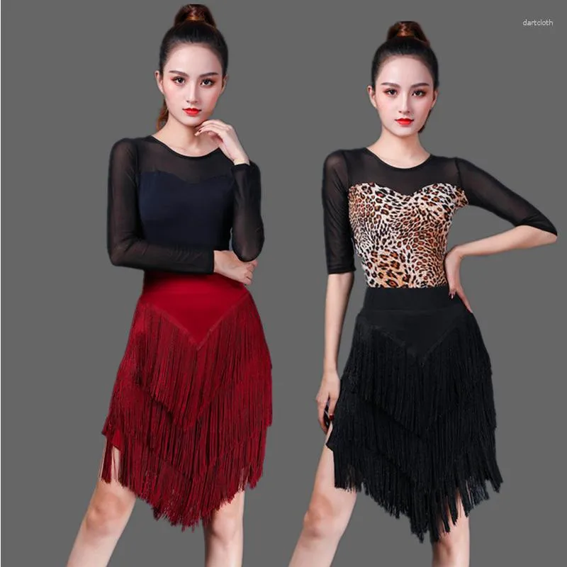 Stage Wear Latin Dance Dress Adult Skirt Fringe Tango Remba Flamenco 2023 Black Women's