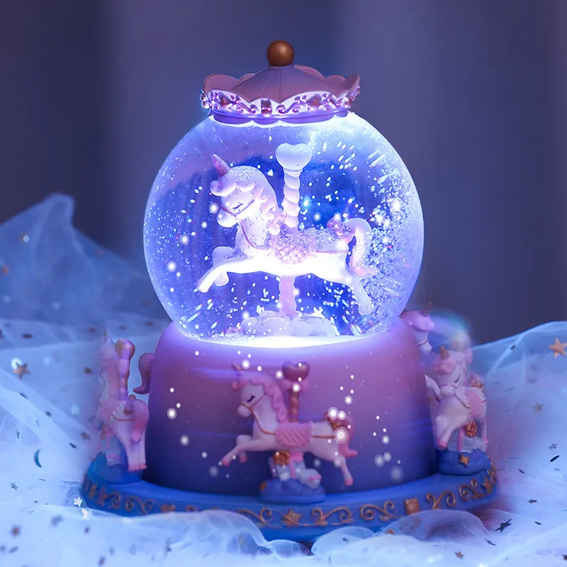 Decorative Objects Figurines Carousel Music Box Snow Dream Crystal Ball Eight Tone Box Glass Resin Home Decoration Ornaments Boutique Gift 230810