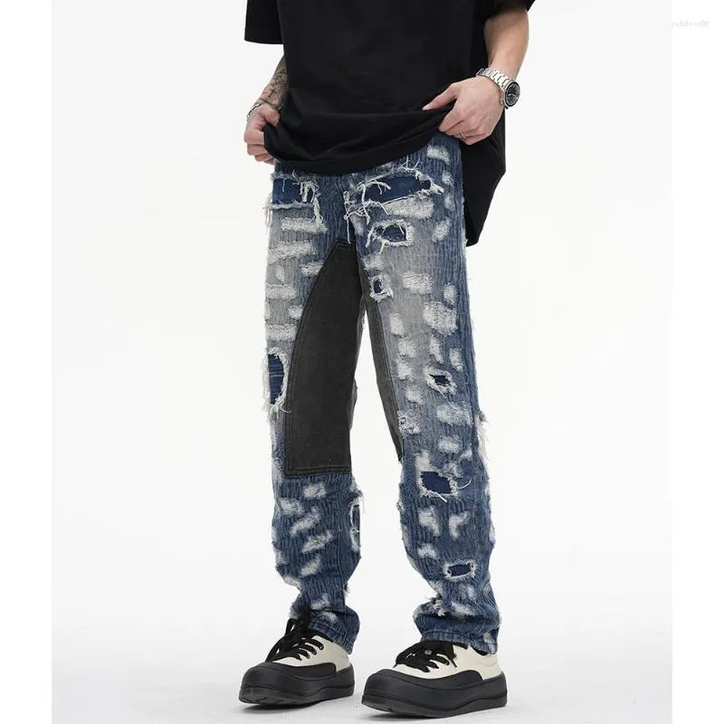 Męskie dżinsy High Street Color Match Zgrane dziury Spodnie Vintage Patchwork Workowane dżinsowe spodnie Y2K Zakresowe dżins