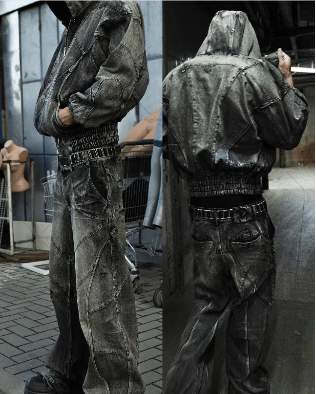 Mäns jeans Y2K Streetwear Punk Hip Hop West Workwear Ripped Rap Style Loose Wash Plus Size Clothing Men Mopping Pants 230810