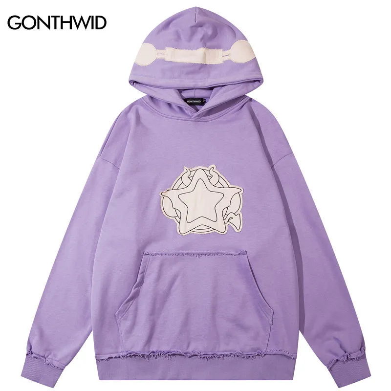 Men's Hoodies Sweatshirts Hip Hop Hoodie Streetwear Harajuku Embroidery Star Devil Horns Patch Oversized Hooded Sweatshirt 2023 Fashion Loose Punk 230810