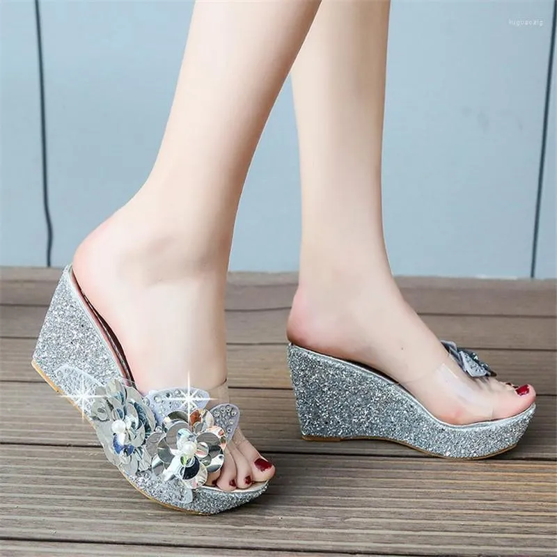 Sandals Size 35-40 Gold/Silvery Wedges Women Crystal Transparent High Heels PVC Slippers String Bead Summer Shoes
