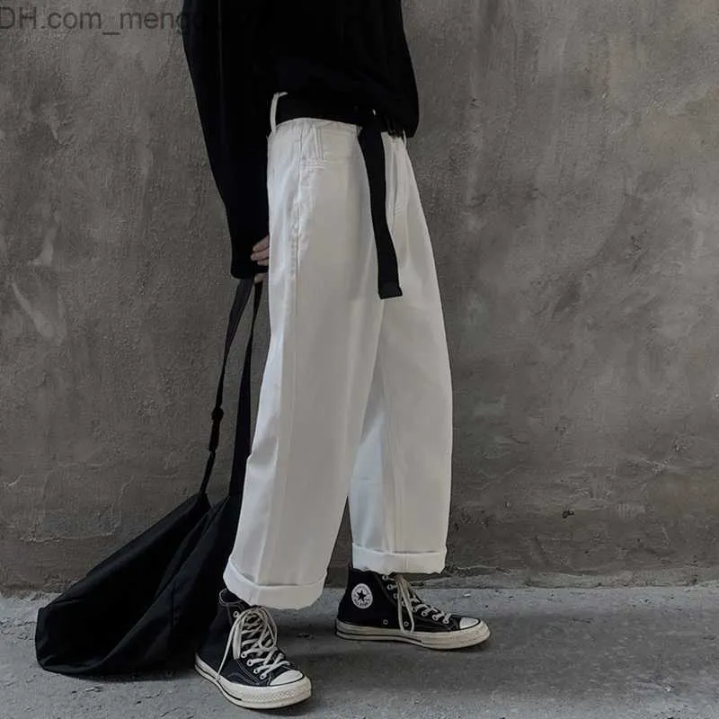 Men's Pants White street jeans wide leg pants men's straight tube loose fitting Korean fashion pleated handle oversized quarter size for men Z230814